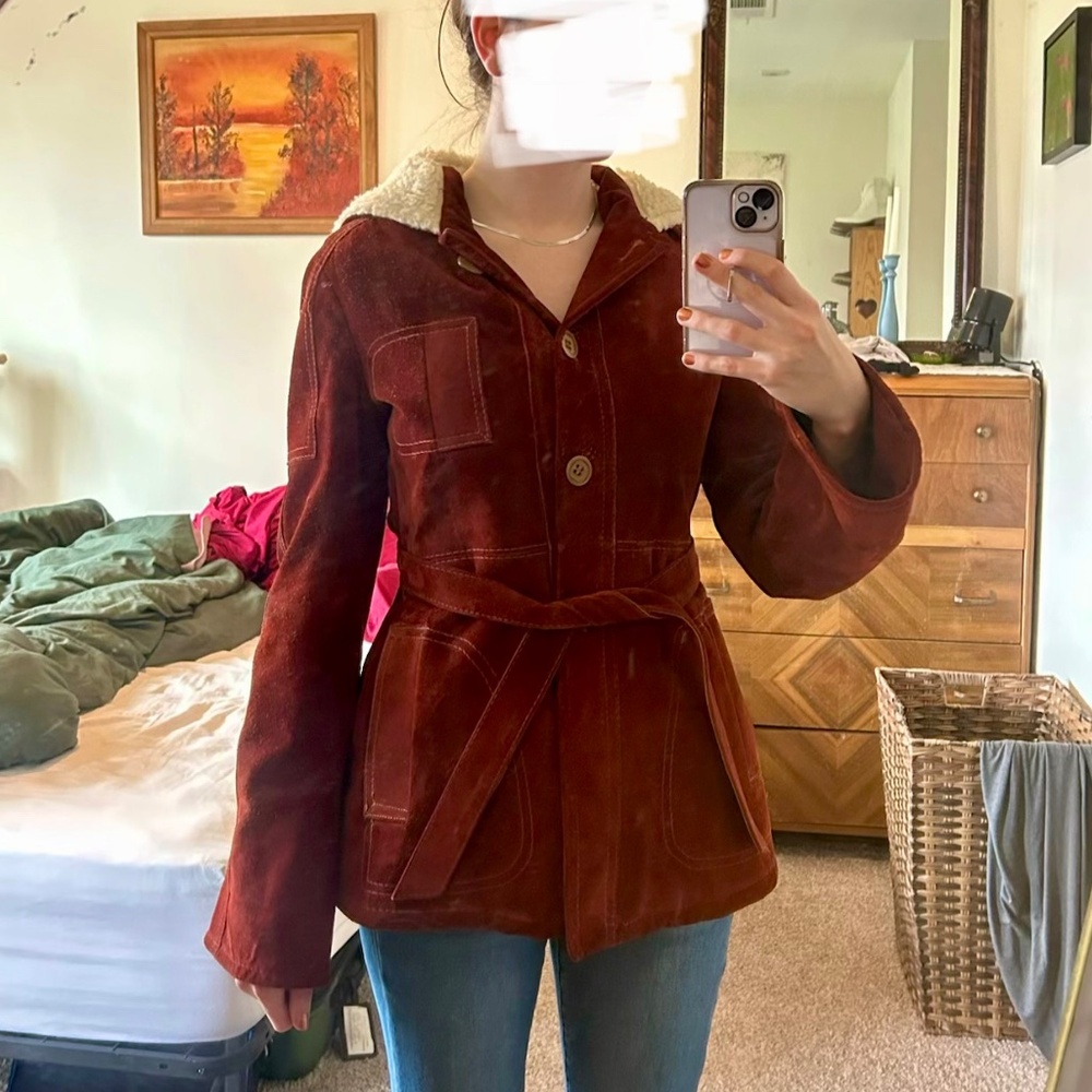 Vintage 70’s Women’s Genuine Suede & Wool Jacket Coat Red Rust Burgundy - Picture 2 of 14